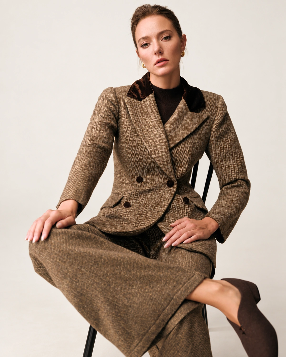 Modelo sentada em cadeira ripada vestindo blazer alfaiataria bicolor marrom café com calça coordenada em estúdio mineral