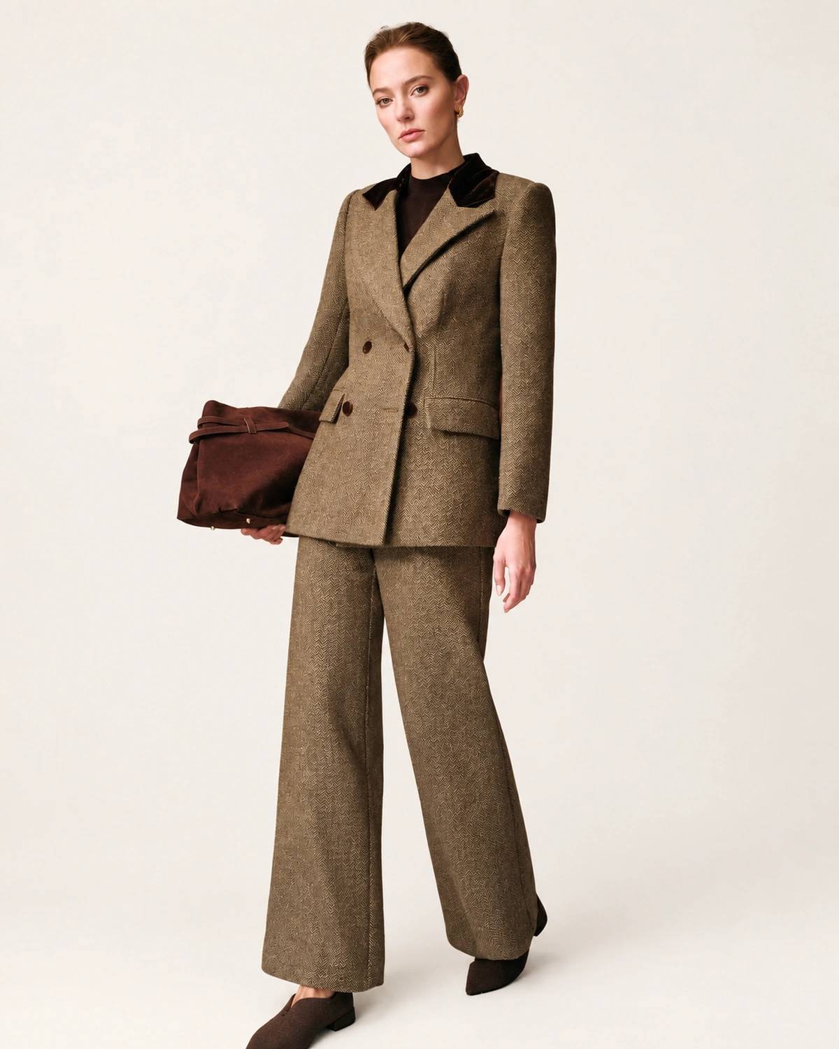 Blazer Alfaiataria Bicolor com Gola Contrastante Marrom Café Vista Frontal