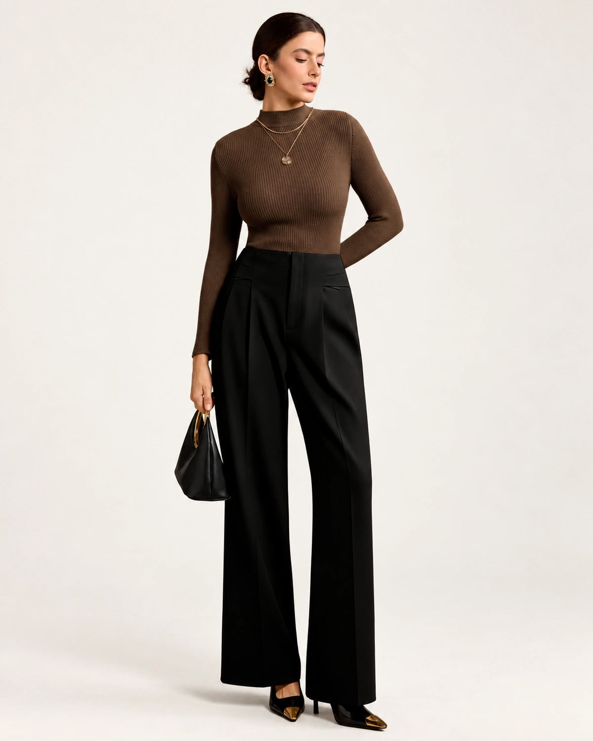 Look completo com calça de alfaiataria reta estruturada feminina na cor Noir