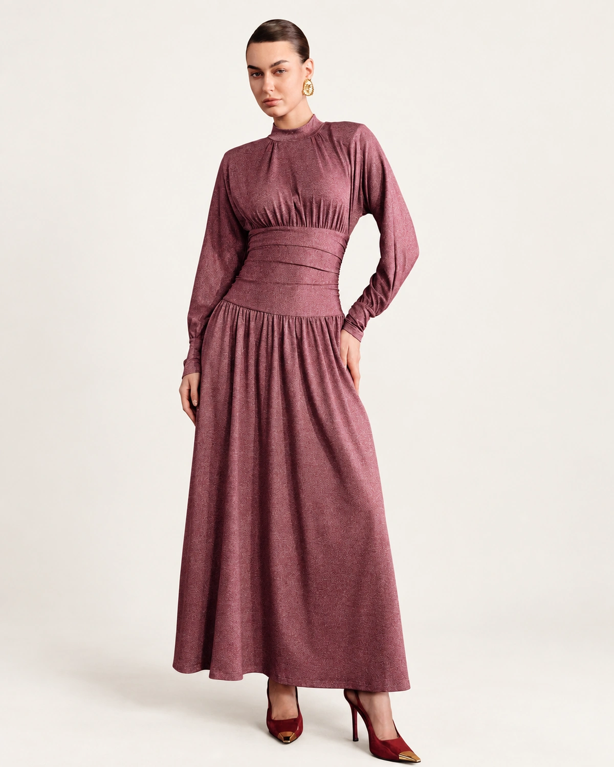 Vestido Midi Evasê com Amarração Transpassada Vinho Marsala Vista Frontal
