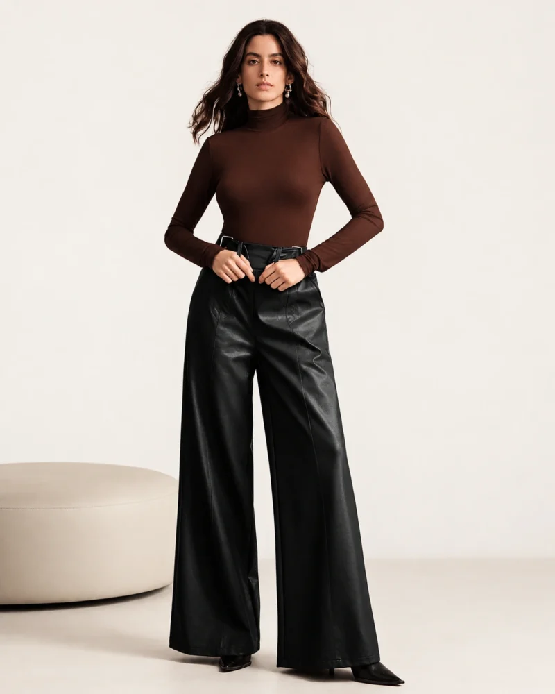 Modelo vestindo calça pantalona em couro ecológico preto com pregas e cinto em estúdio mineral
