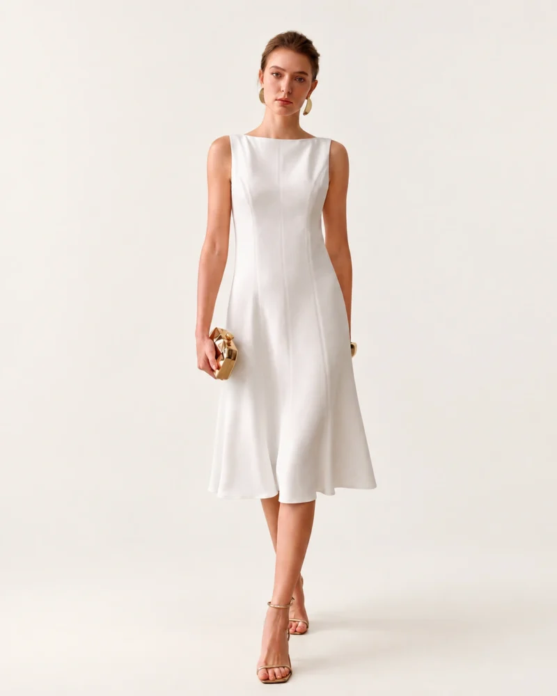 Modelo vestindo Vestido Midi Sereia Modelagem 3D Escultural cor Off-White no estúdio mineral Peaker.