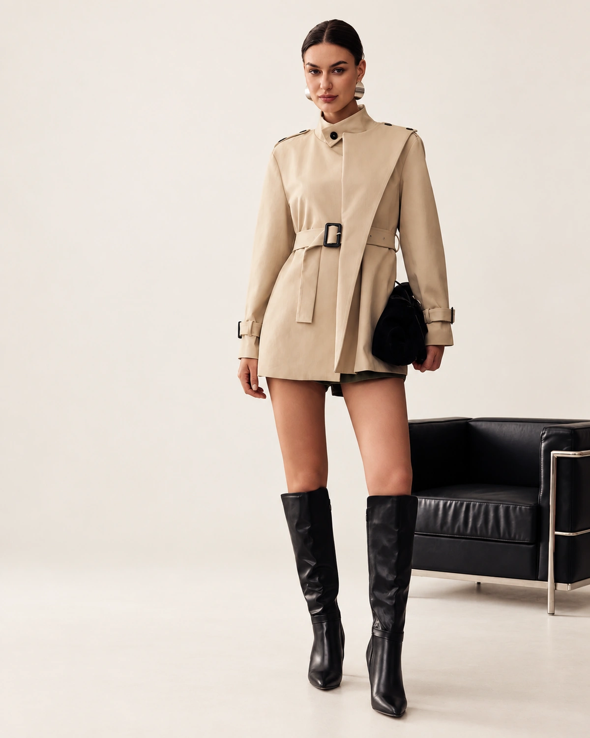 Modelo vestindo Trench Coat Alfaiataria com Cinto e Gola Alta cáqui no estúdio mineral Peaker.