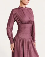 Vestido Midi Evasê Vinho Marsala Detalhe da Cintura Drapeada e Gola Alta
