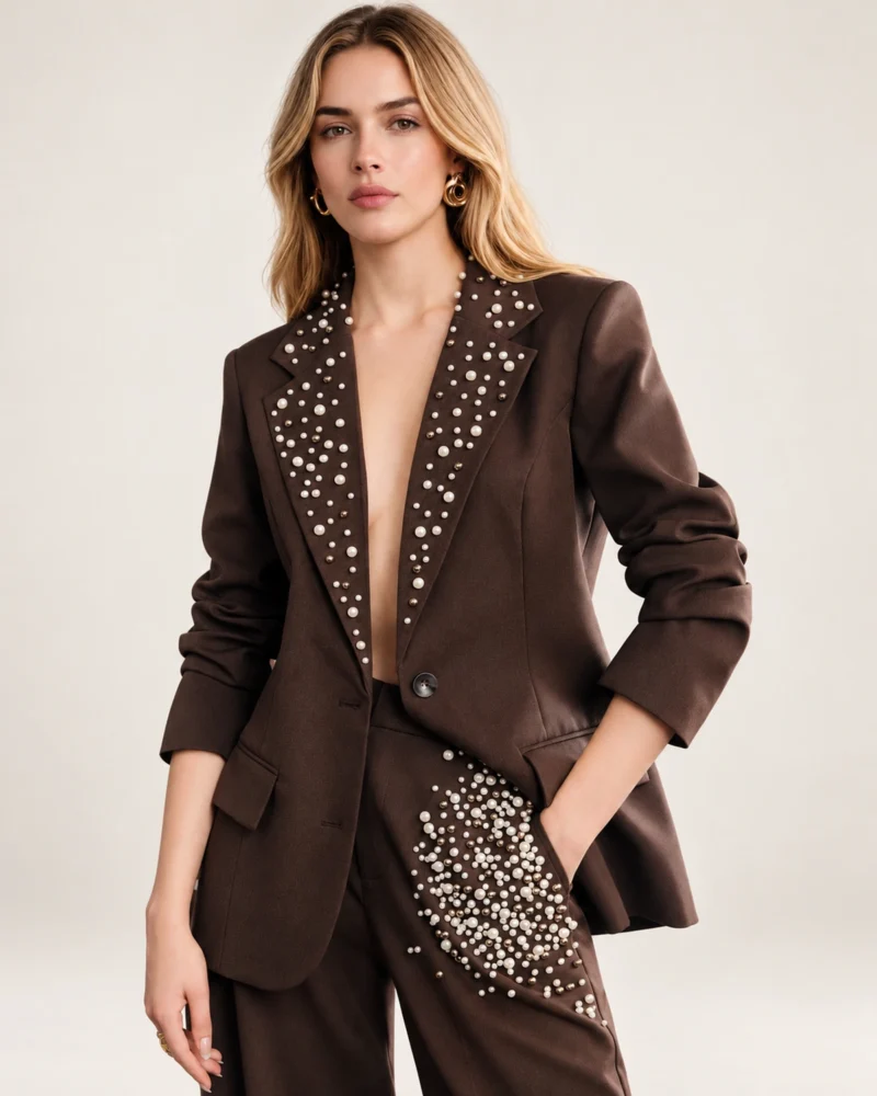 Blazer Alfaiataria em Crepe Nobre com Aplicação de Pedrarias Sutis na cor Marrom Chocolate foto 01