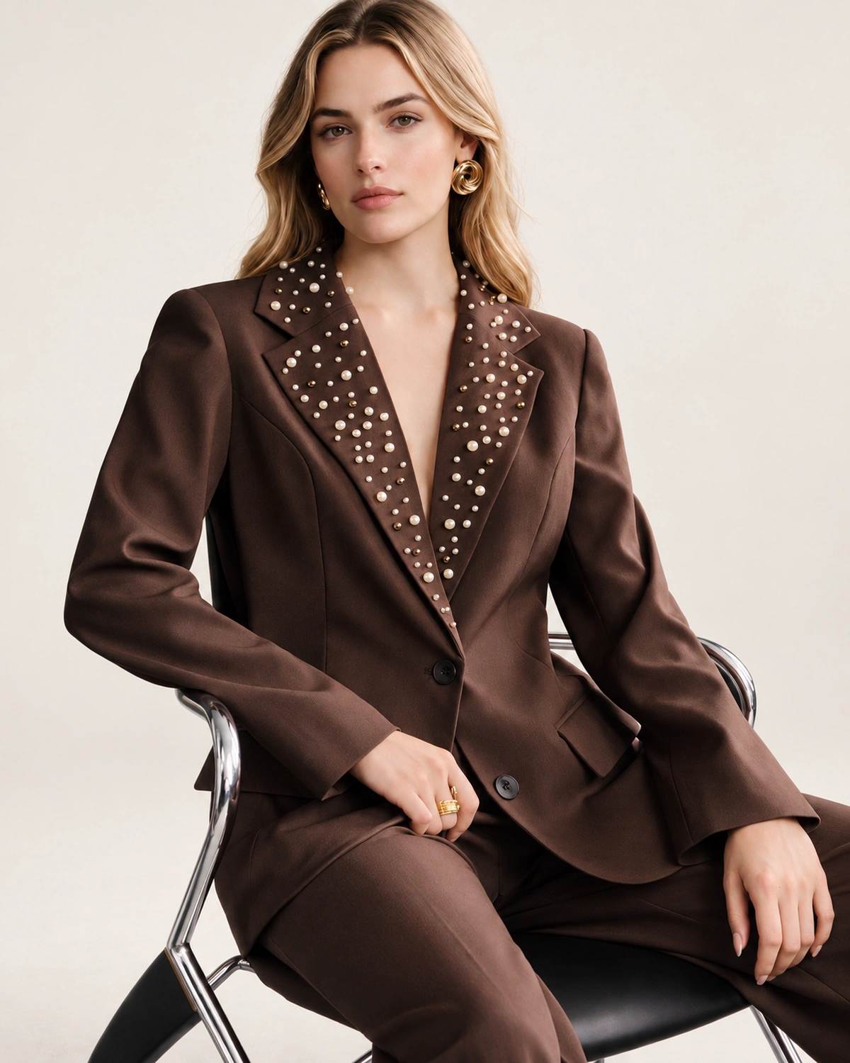 Blazer Alfaiataria em Crepe Nobre com Aplicação de Pedrarias Sutis na cor Marrom Chocolate foto 04