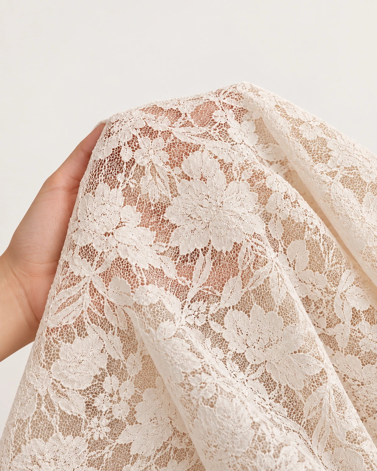 Blusa feminina em renda floral com nó frontal em estúdio mineral.