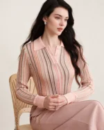 Blusa feminina em tricot canelado listrada em estúdio mineral.