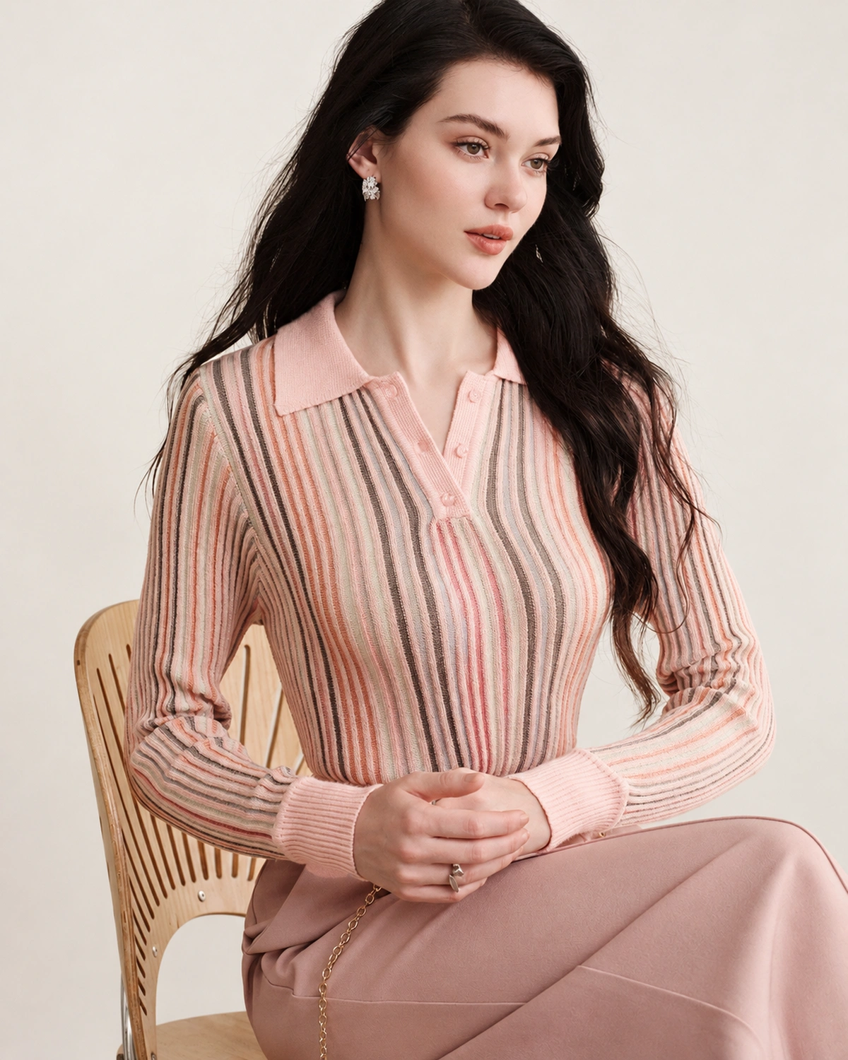 Blusa feminina em tricot canelado listrada em estúdio mineral.