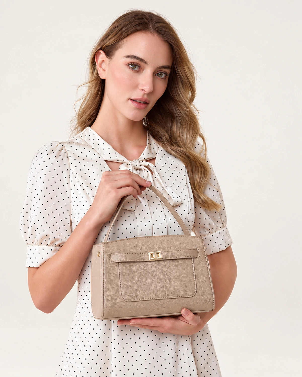 Modelo de corpo inteiro com vestido longo e bolsa baú estruturada areia elegante na mão