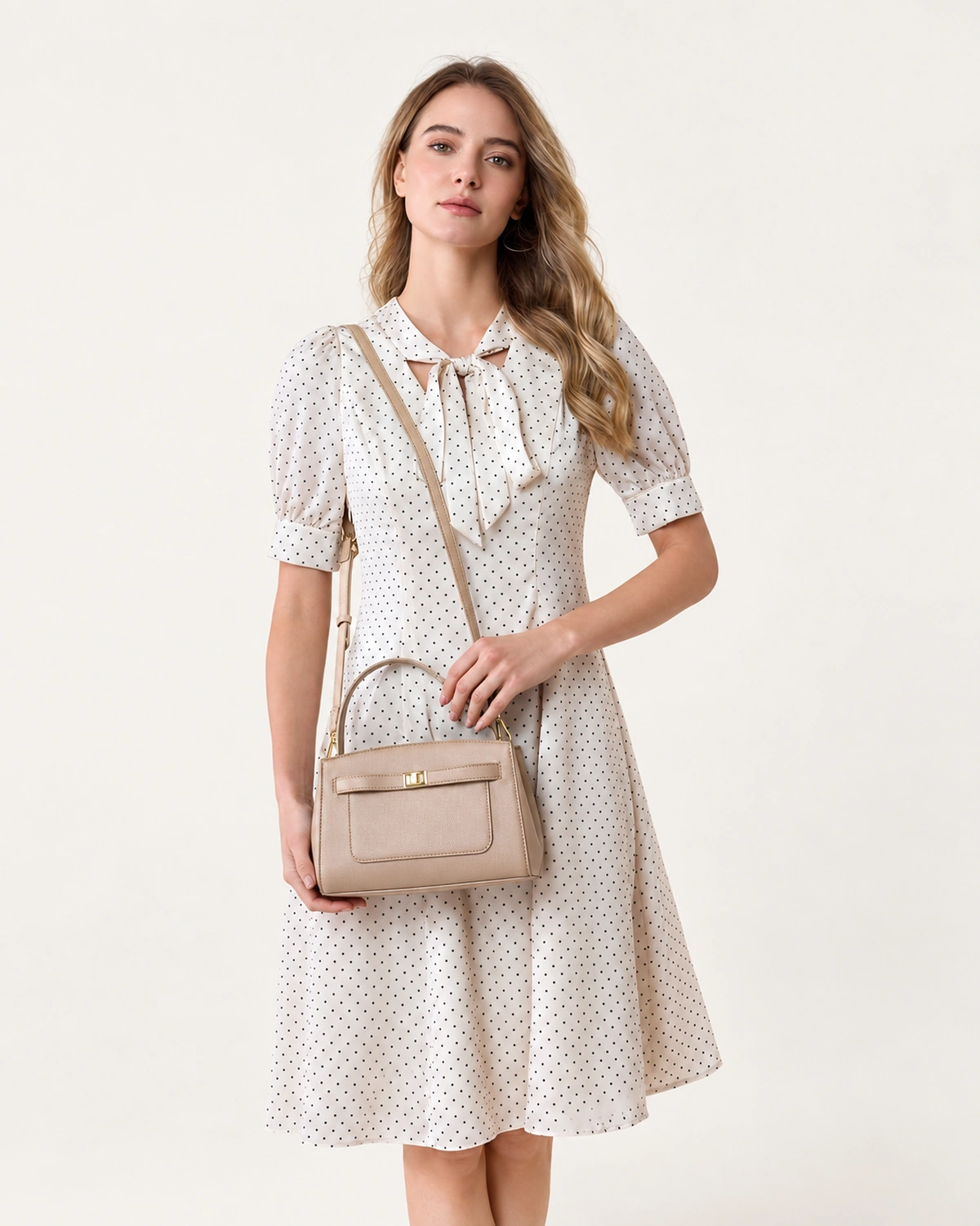Editorial destacando o porte elegante da bolsa baú estruturada areia no antebraço em composição sofisticada