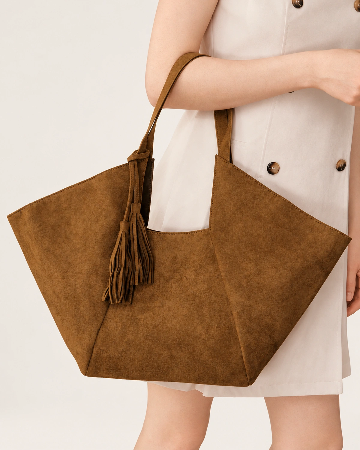 Bolsa Tote Oversized em Suede Aveludado com Tassel na cor Marrom Chocolate foto 04