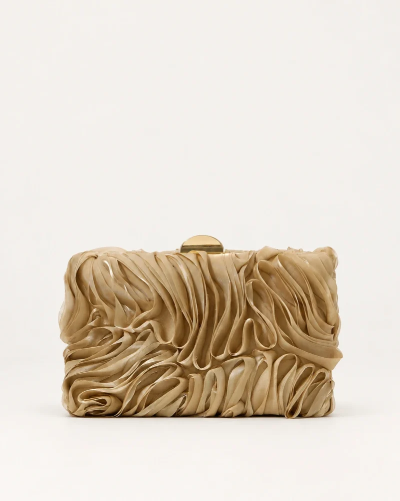 Bolsa clutch drapeada de festa com fecho kisslock em metal dourado na cor Dourado, foto 01