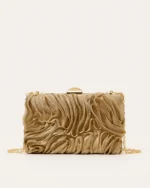 Bolsa clutch drapeada de festa com fecho kisslock em metal dourado na cor Dourado, foto 03