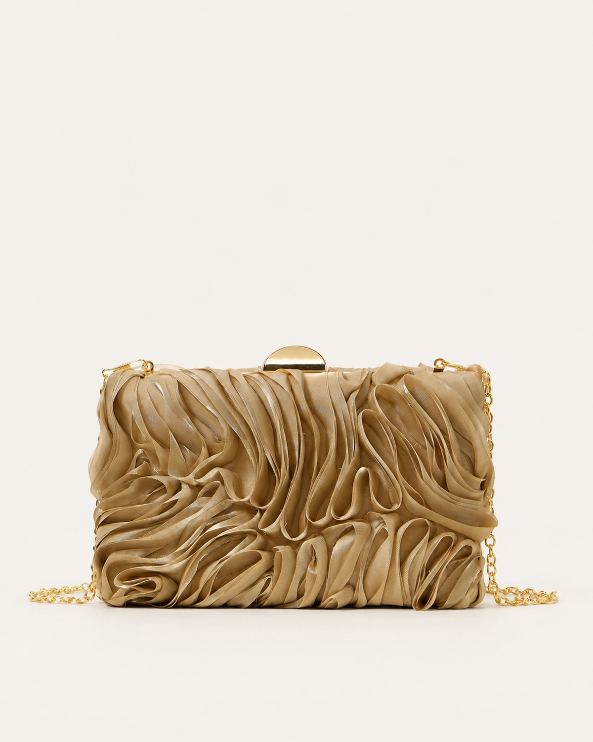 Bolsa clutch drapeada de festa com fecho kisslock em metal dourado na cor Dourado, foto 03