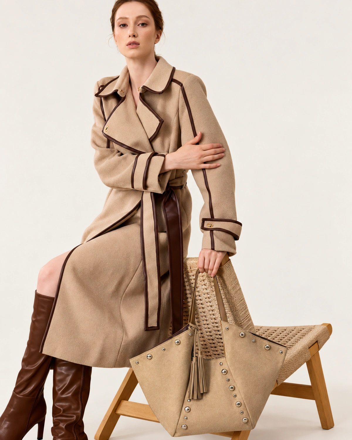 Modelo sentada em cadeira elegante ao lado da bolsa tote em suede aveludado marrom