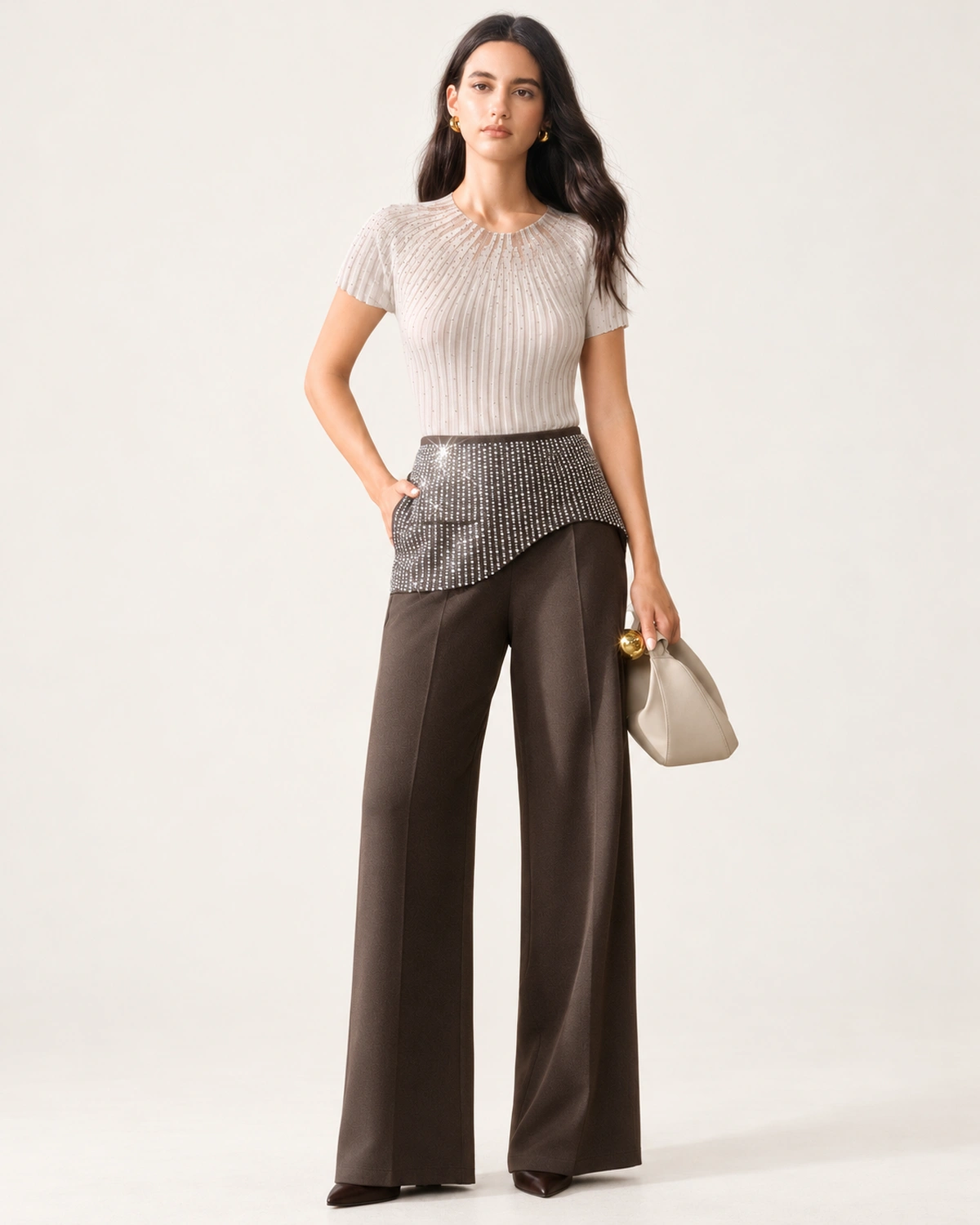 Calça wide leg feminina em alfaiataria com aplicação de strass em estúdio mineral.