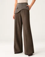 Calça wide leg feminina em alfaiataria com aplicação de strass em estúdio mineral.