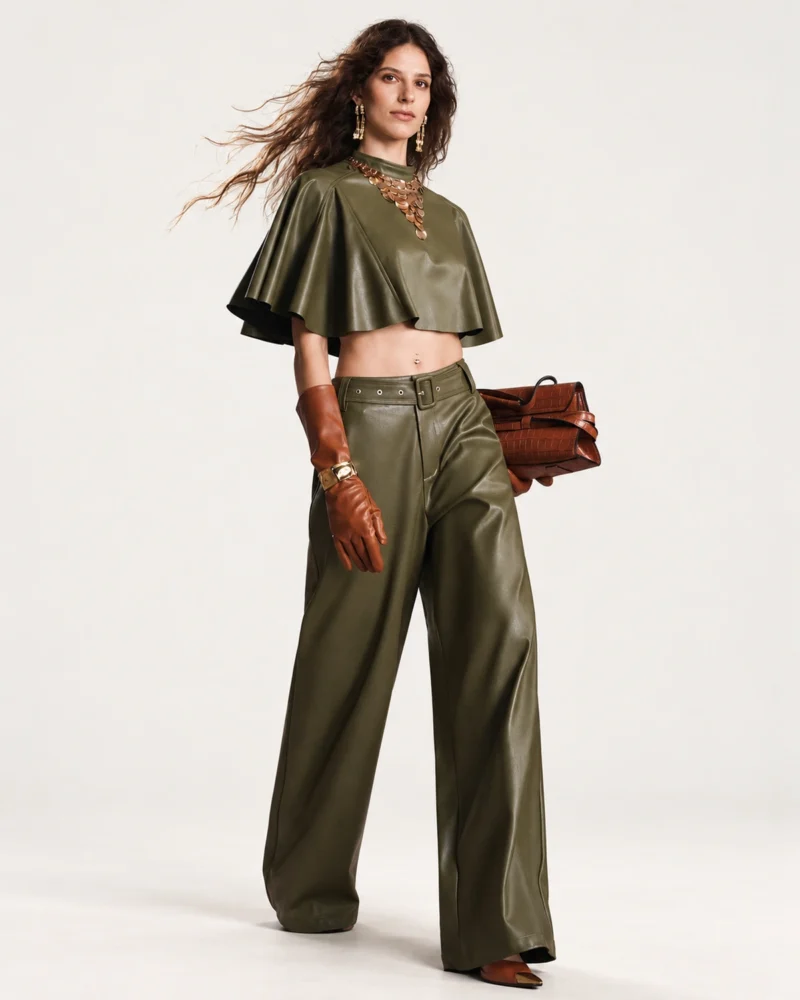 Calça pantalona feminina em material sintético PU com cinto fivelado em estúdio mineral.