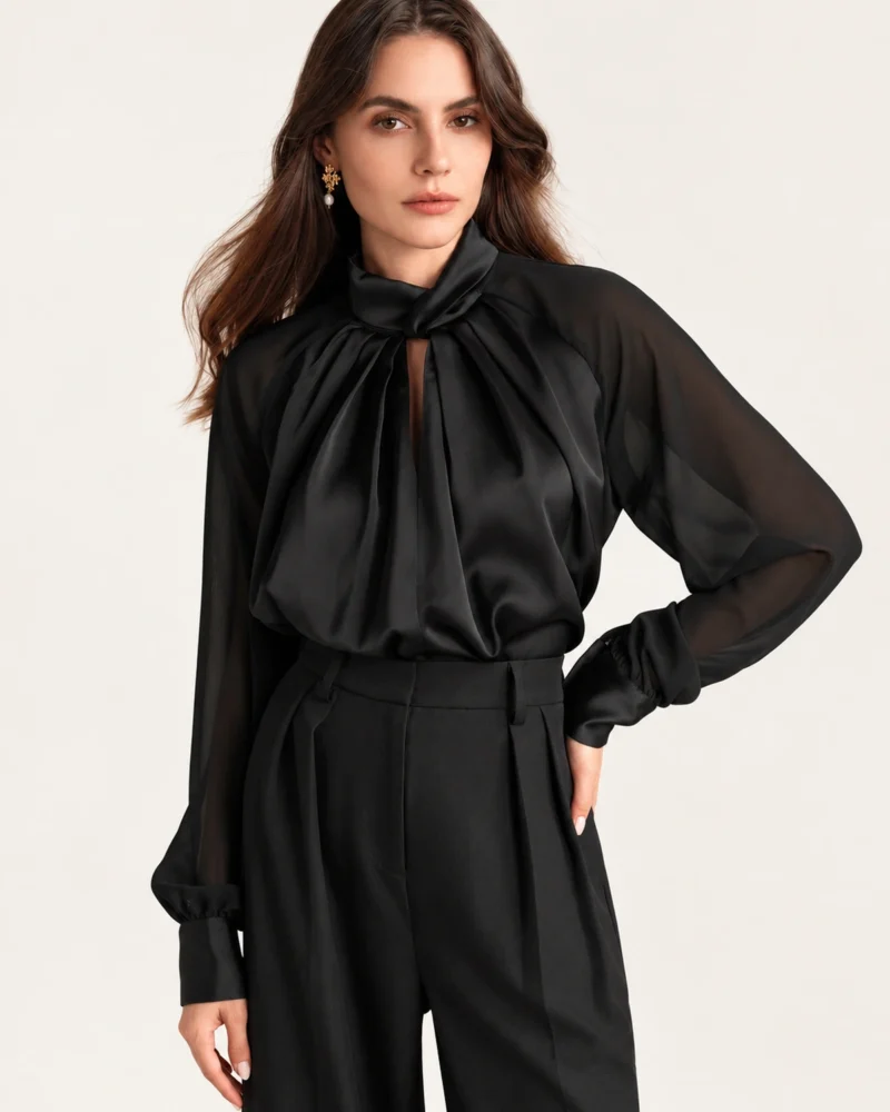 Camisa acetinada com gola drapeada e mangas em crepe fluido na cor Noir, foto 01