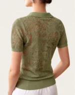 Camisa polo em tricot rendado floral com gola esporte na cor Verde Oliva, foto 05