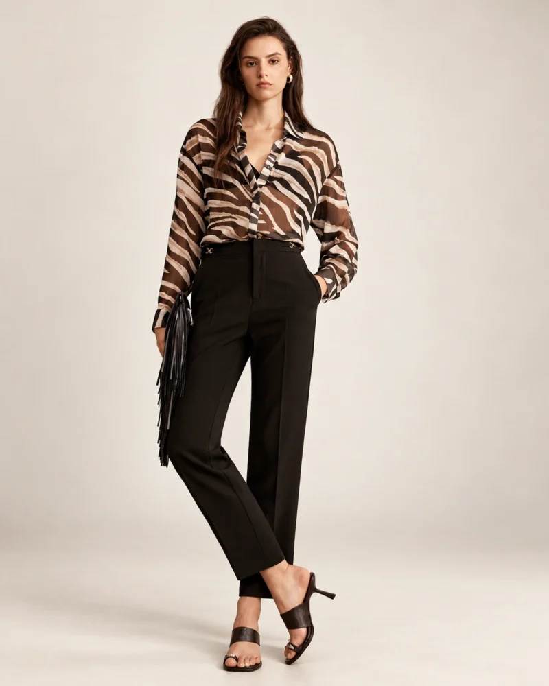 Modelo vestindo camisa estampada zebra Preto e Branco em estúdio mineral