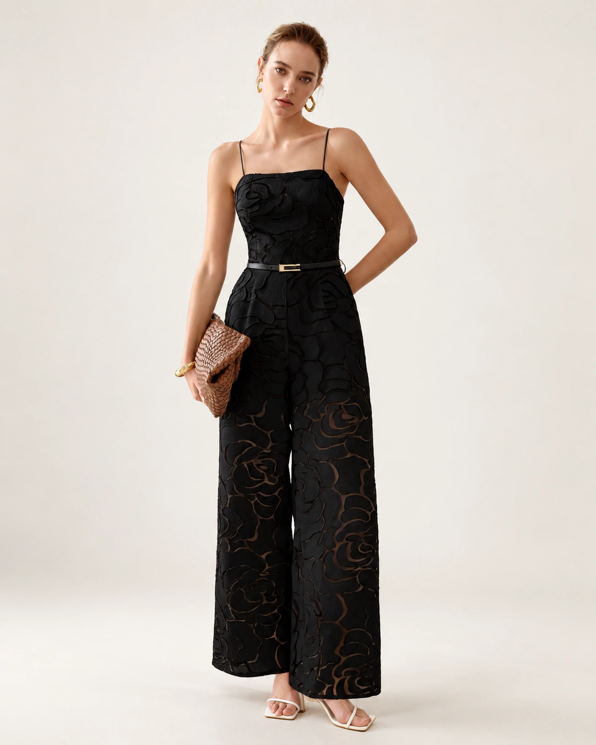 Macacão pantalona floral noir com alças finas, foto 4