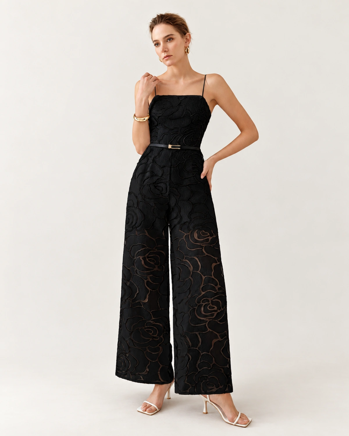Macacão pantalona floral noir com alças finas, foto 5