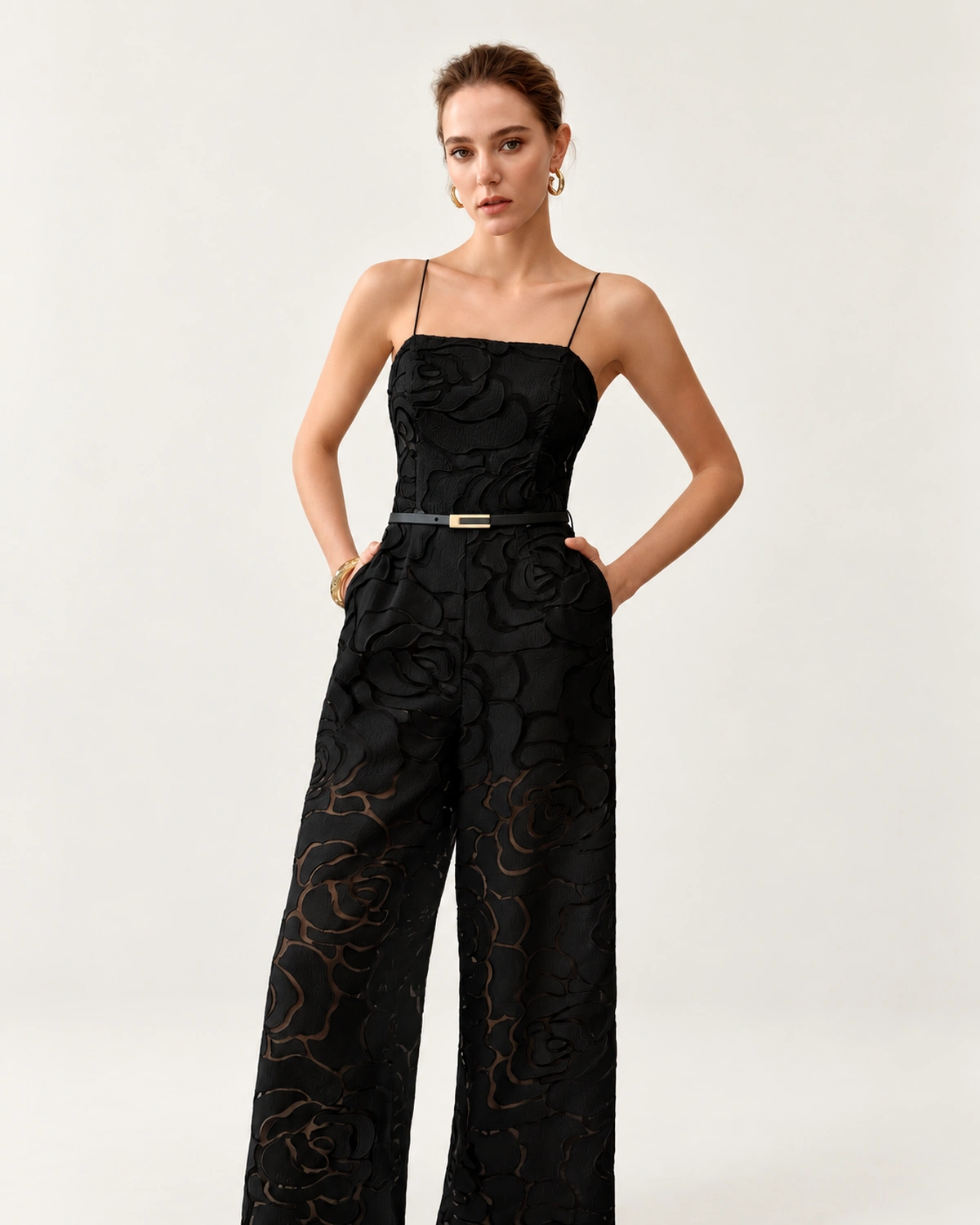 Macacão pantalona floral noir com alças finas, foto 6
