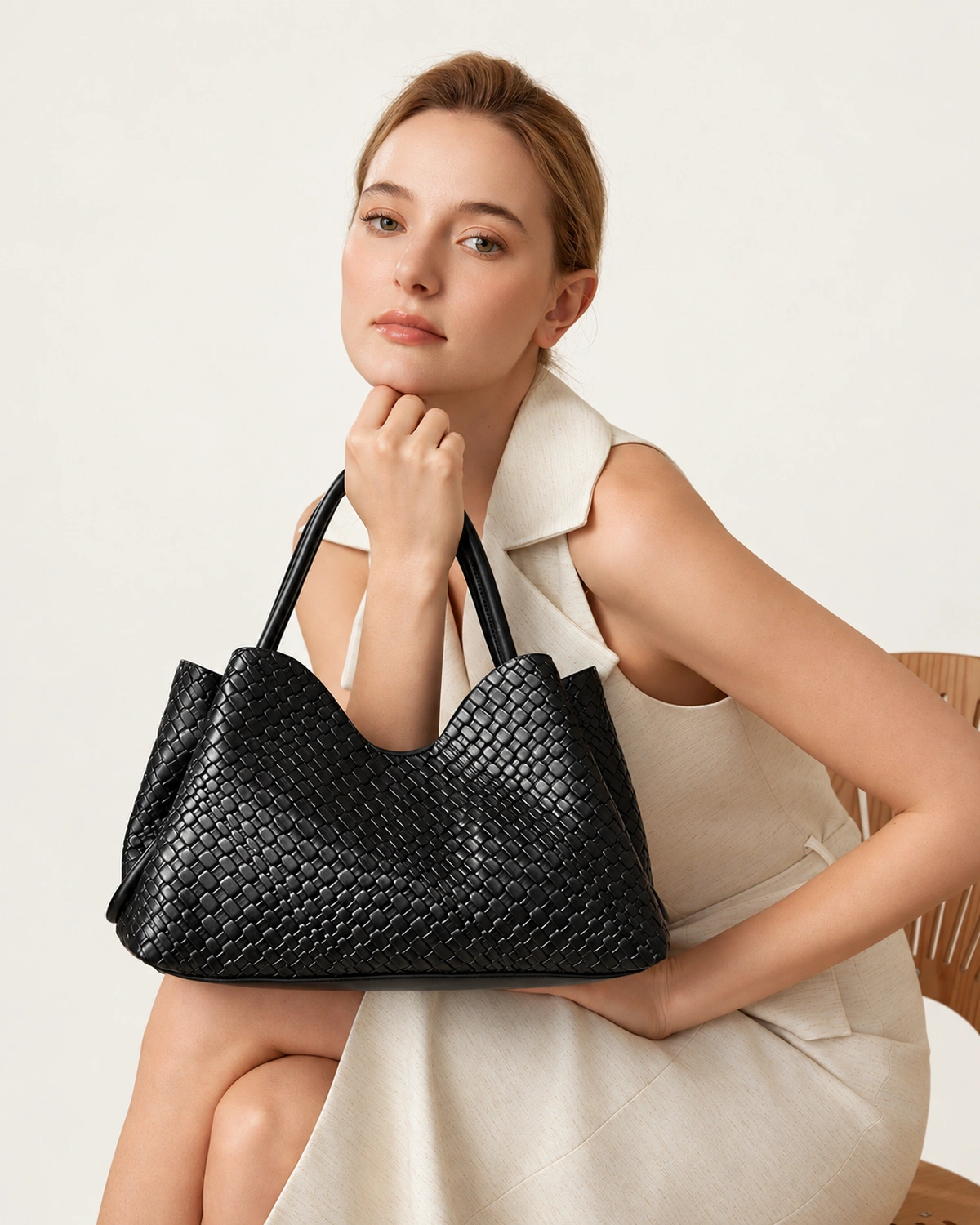 Modelo feminina sentada com vestido claro apoiando a bolsa tote texturizada preta no colo no estúdio mineral.