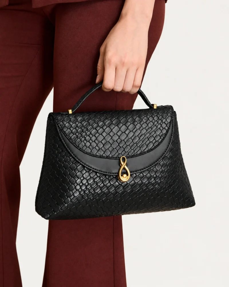 Detalhe da mão da modelo segurando a alça da Bolsa Satchel Estruturada preta contra look alfaiataria bordô.