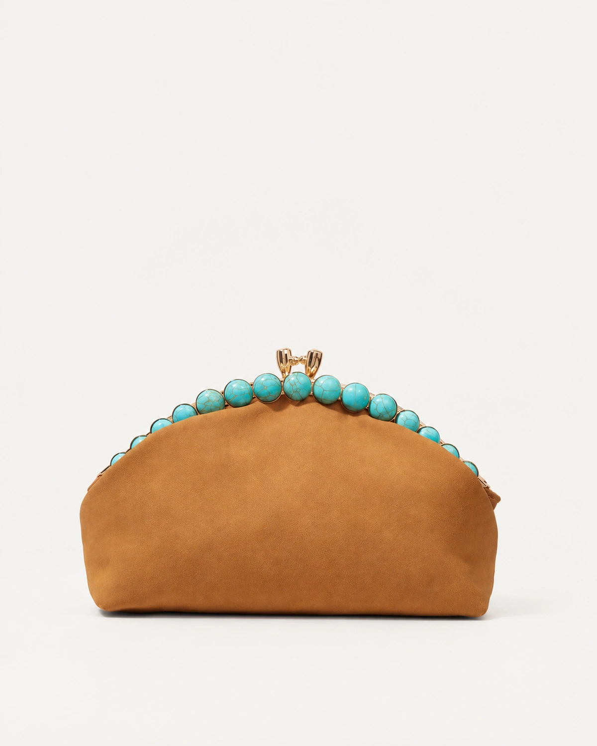 Bolsa clutch feminina em PU aveludado marrom com fecho beijo e contas turquesa vista de frente