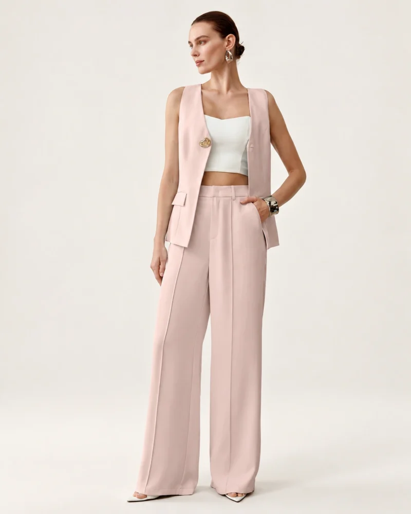 Modelo feminina vestindo conjunto de alfaiataria rosa blush com colete decote V e calça pantalona em estúdio mineral