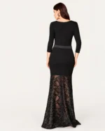 Vestido longo sereia preto com saia em tule bordado com paetês e cinto dourado, foto 07