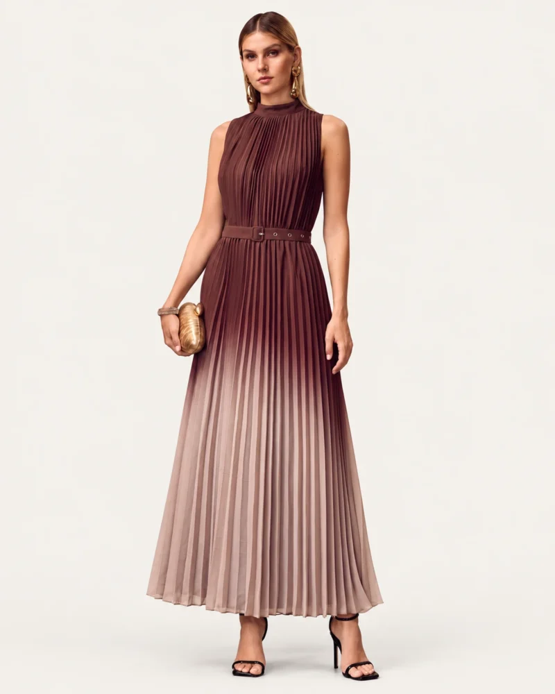 vestido longo em chiffon ombré com saia plissada e cinto castanho, foto 01