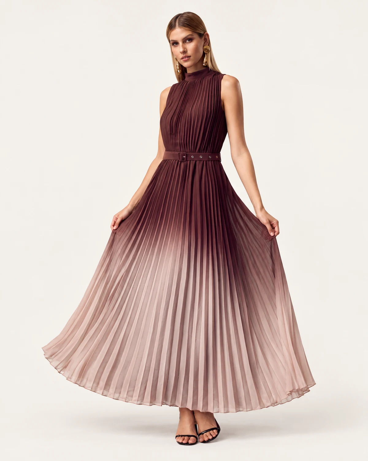 vestido longo em chiffon ombré com saia plissada e cinto castanho, foto 02