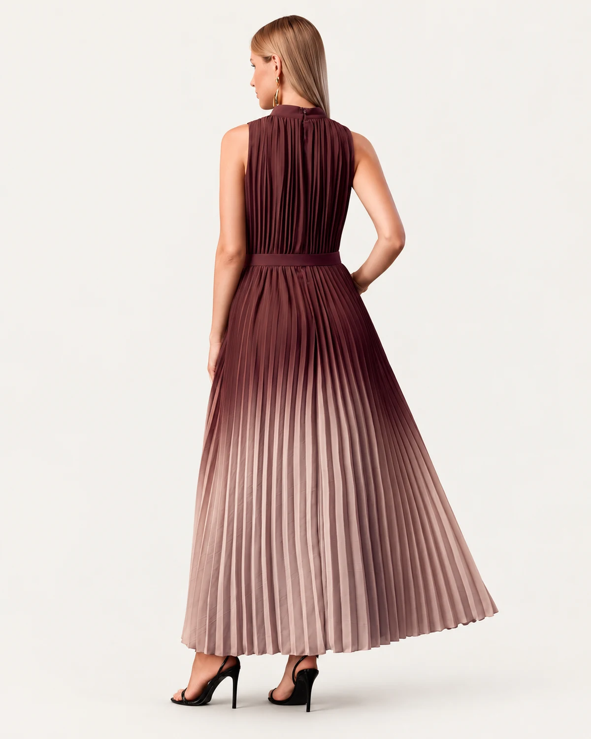 vestido longo em chiffon ombré com saia plissada e cinto castanho, foto 04