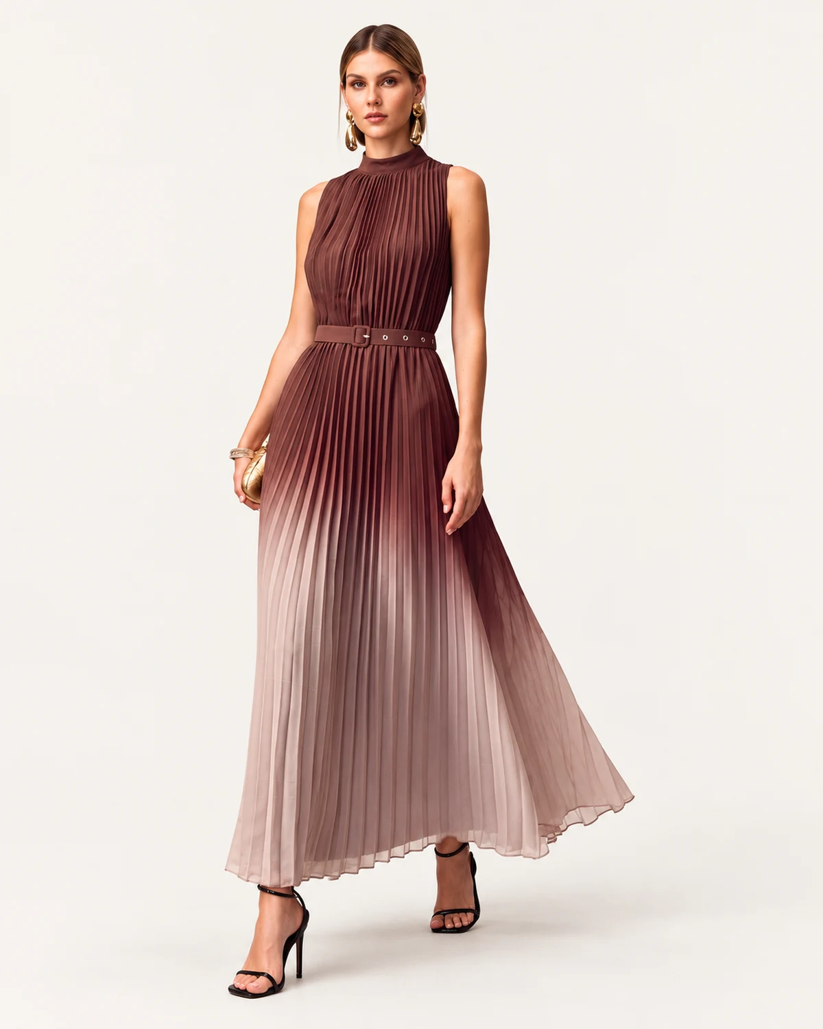vestido longo em chiffon ombré com saia plissada e cinto castanho, foto 05