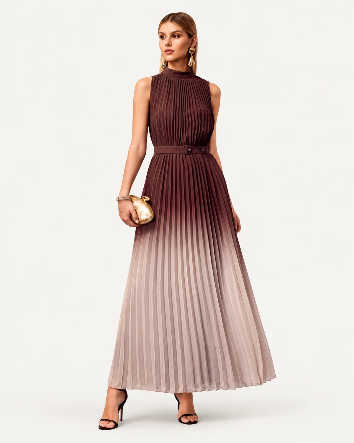 vestido longo em chiffon ombré com saia plissada e cinto castanho, foto 06