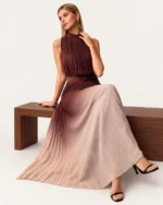 vestido longo em chiffon ombré com saia plissada e cinto castanho, foto 07