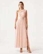 Vestido longo em chiffon ombro só com bordado em cristais e fenda na cor alabastro, foto 03