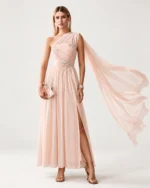 Vestido longo em chiffon ombro só com bordado em cristais e fenda na cor alabastro, foto 05