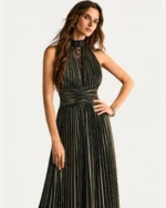 vestido longo plissado com decote halter e renda dourado, foto 03