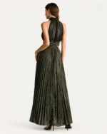 vestido longo plissado com decote halter e renda dourado, foto 04