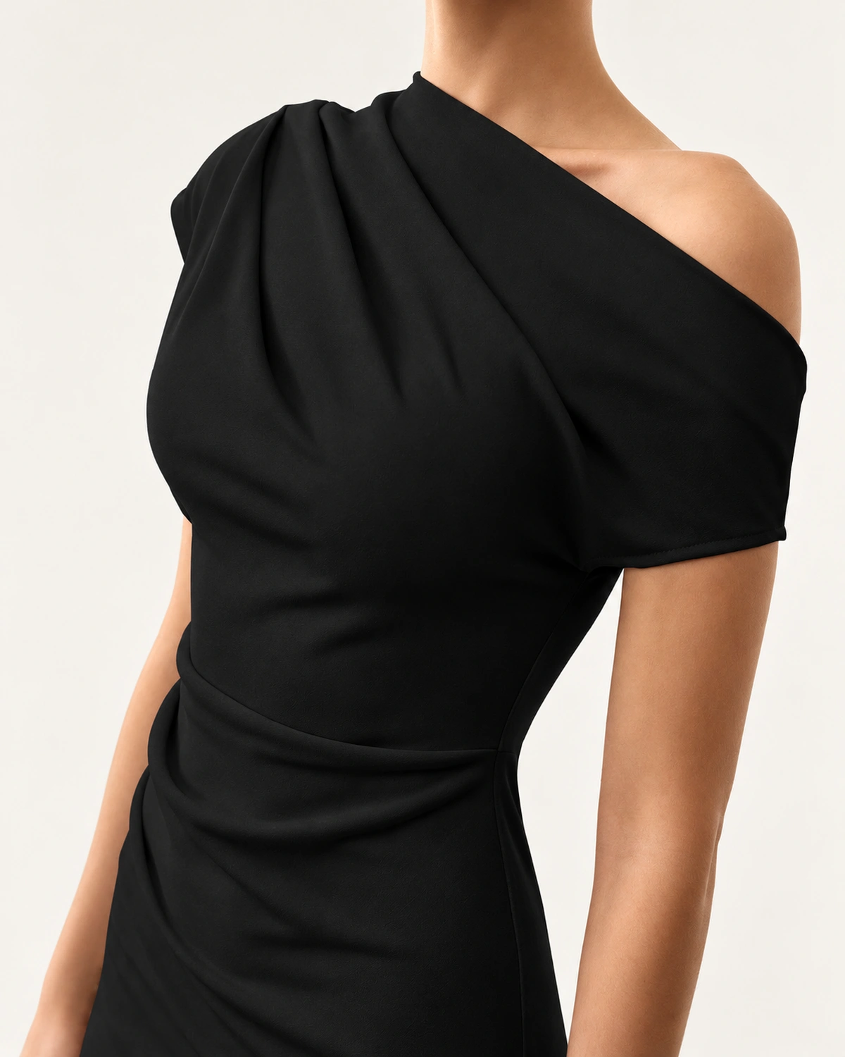Vestido midi ombro só com drapeado escultural e fenda na cor Noir, foto 02