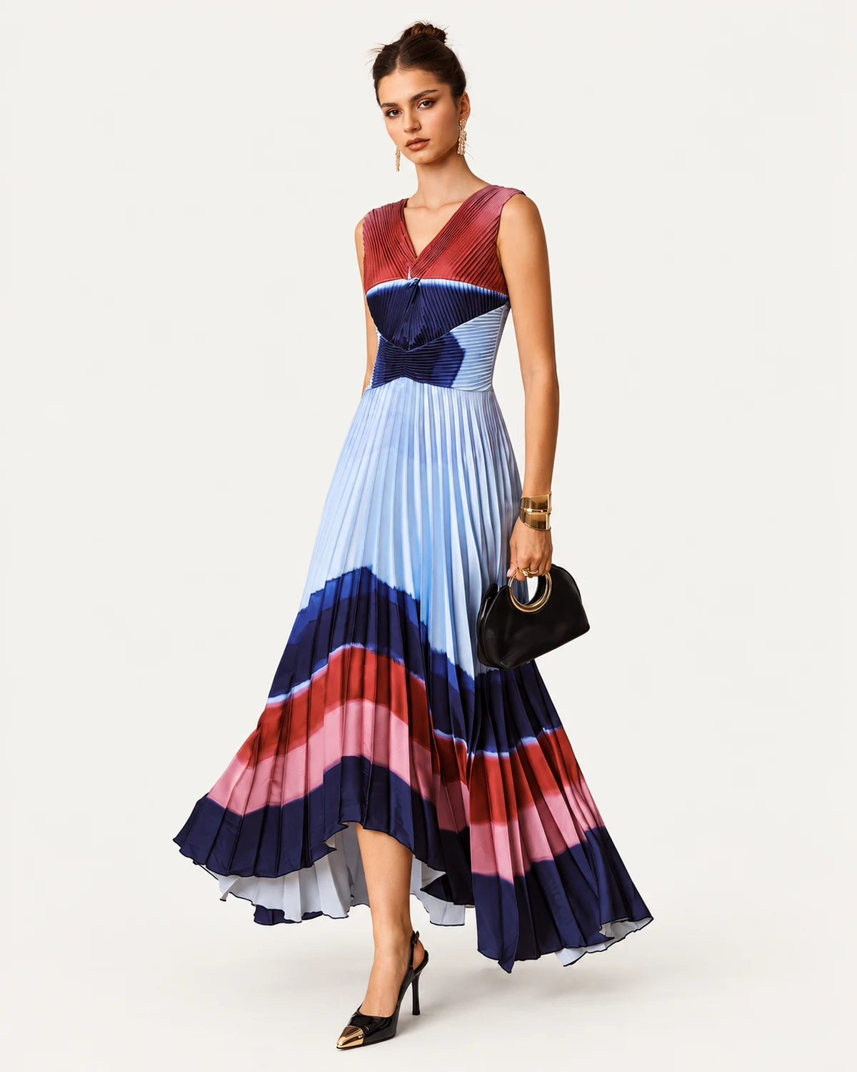 vestido midi plissado em degradê com barra assimétrica cinza azul, foto 01