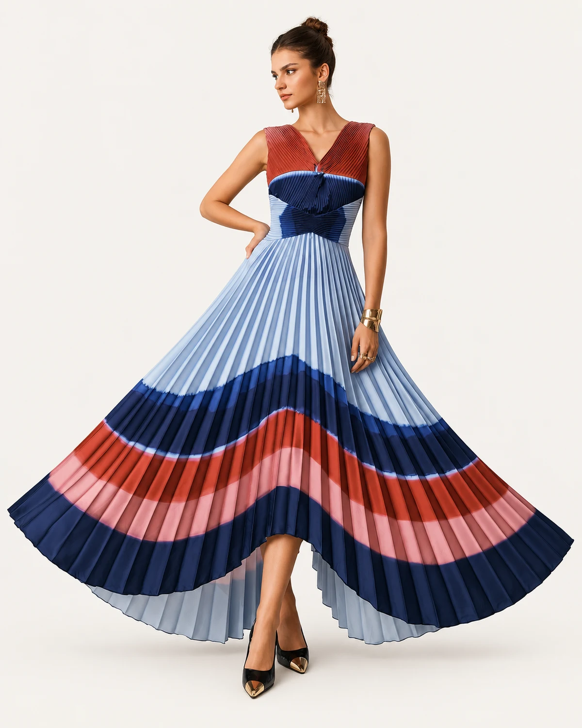 vestido midi plissado em degradê com barra assimétrica cinza azul, foto 02