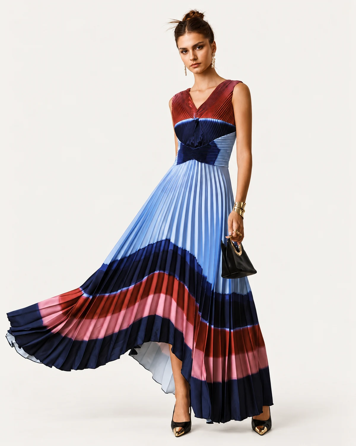 vestido midi plissado em degradê com barra assimétrica cinza azul, foto 05