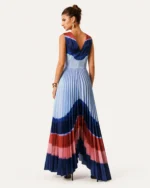 vestido midi plissado em degradê com barra assimétrica cinza azul, foto 06
