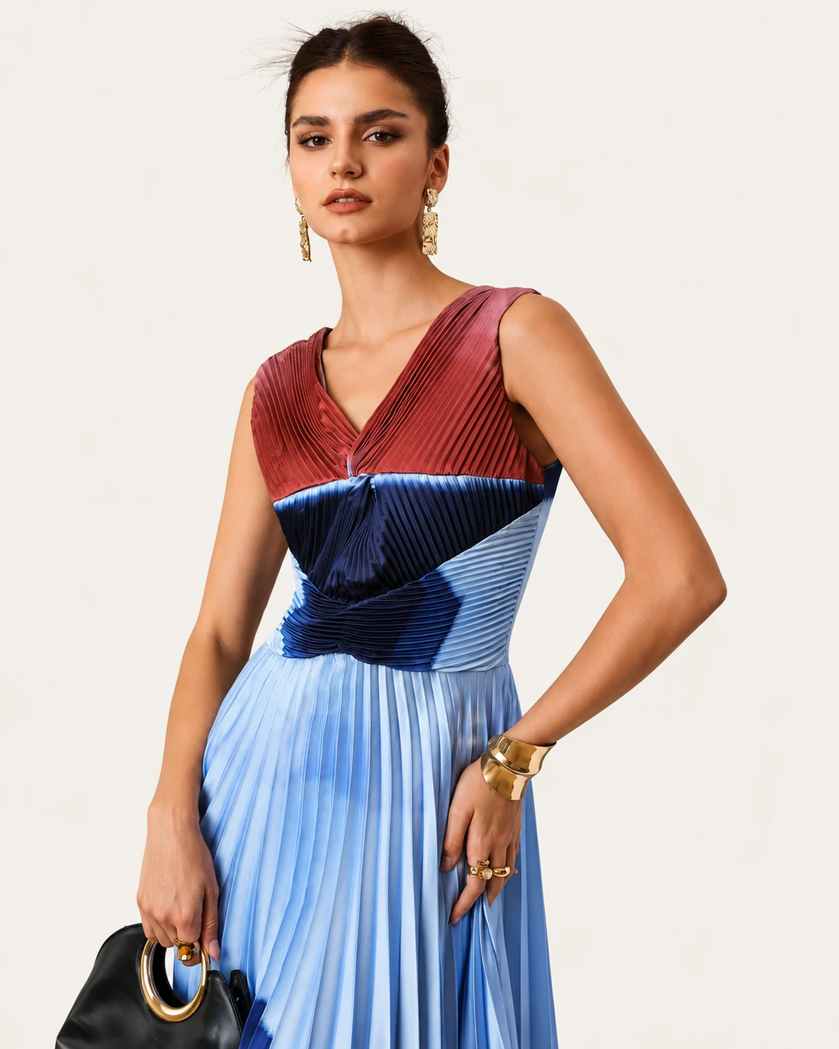 vestido midi plissado em degradê com barra assimétrica cinza azul, foto 07